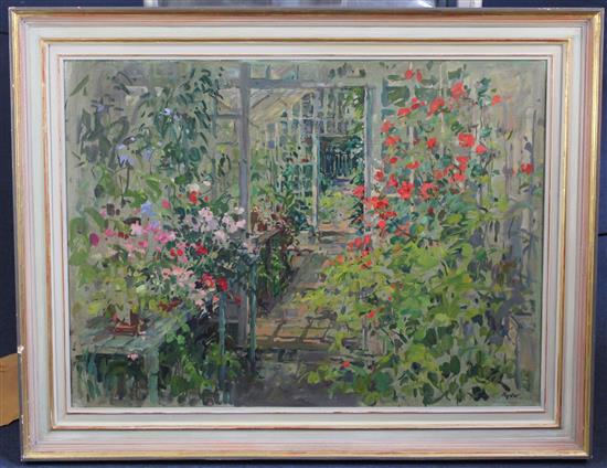 § Susan Ryder (b.1944) Flowers in a greenhouse, 25 x 34in.